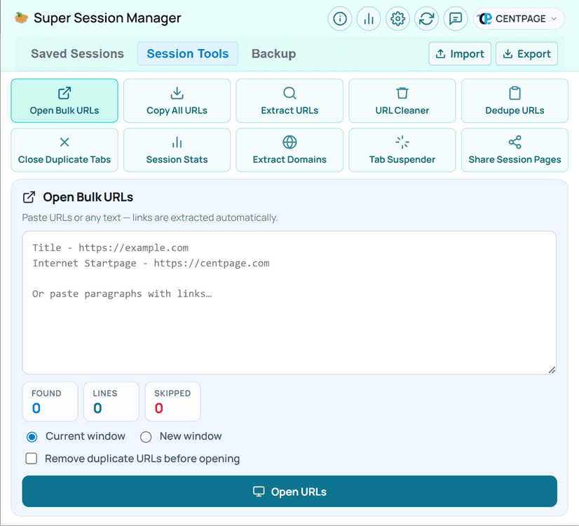 Session Tools tab in Super Session Manager — ten built-in URL utilities