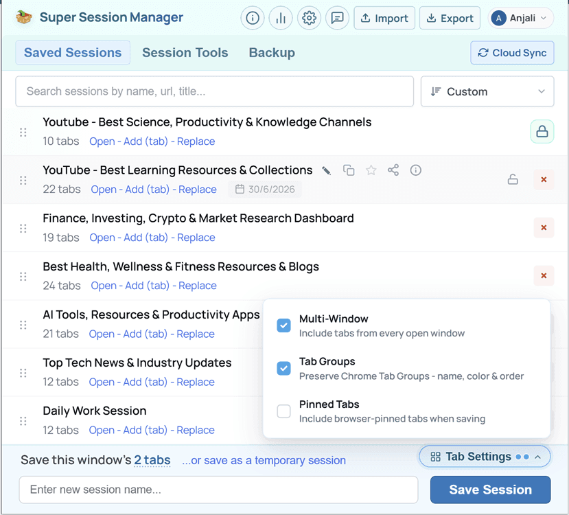 Super Session Manager saved sessions with tab settings — multi-window, tab groups, and pinned tabs