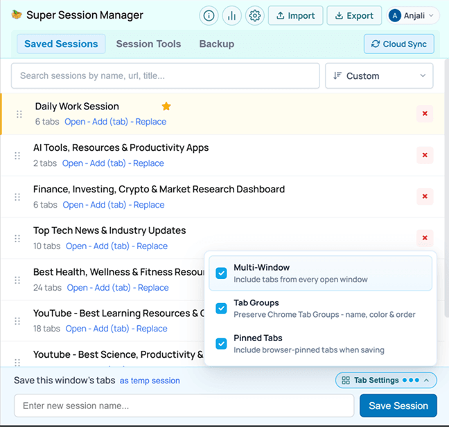 Super Session Manager saved sessions with tab settings — multi-window, tab groups, and pinned tabs