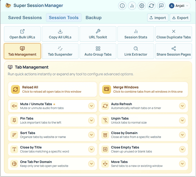 Session Tools tab in Super Session Manager — ten built-in URL utilities